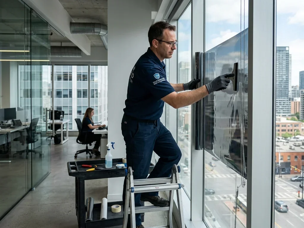 Technicien expert posant un film solaire thermique sur une paroi vitrée de bureau.