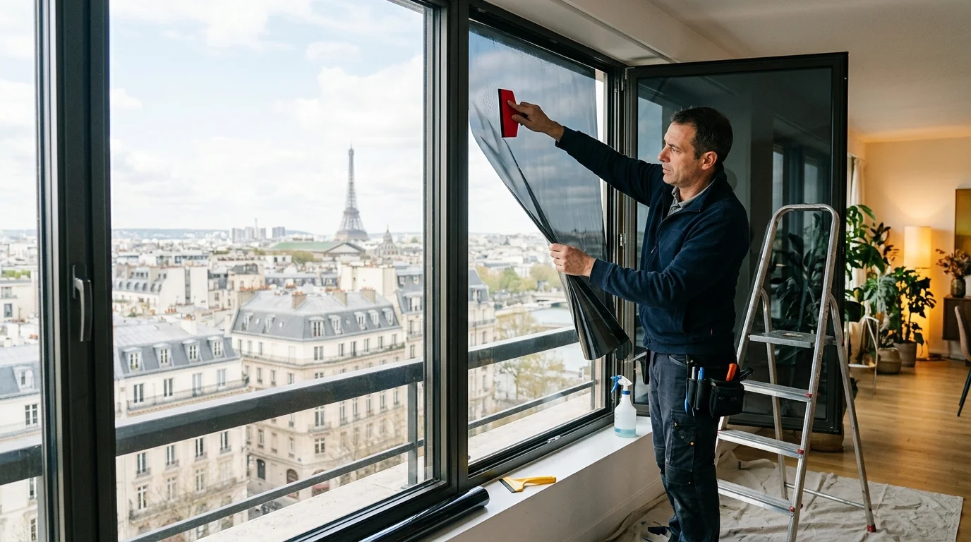 Technicien expérimenté posant un film solaire sur une grande baie vitrée parisienne.