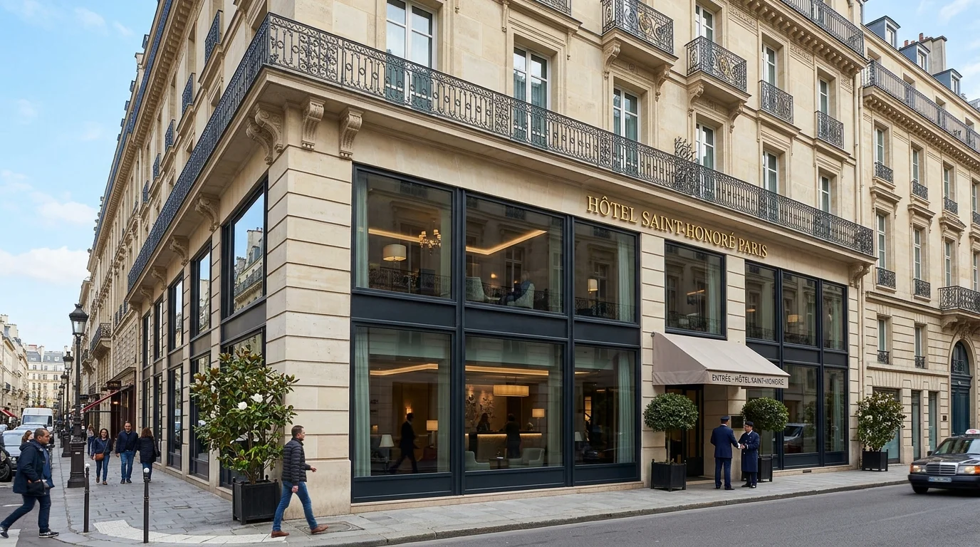 Façade d'hôtel parisien aux grandes baies vitrées équipées d'un film solaire de protection.