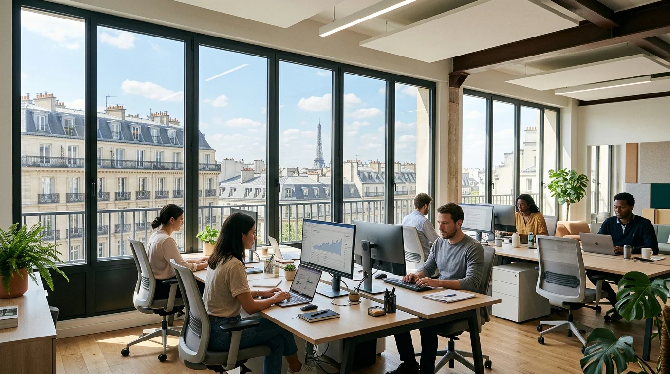 Open space parisien équipé d'un film solaire, avec des postes de travail à l'abri de l'éblouissement.