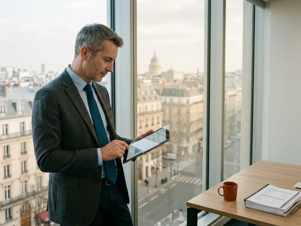 Manager travaillant dans un bureau parisien lumineux protégé de l'éblouissement par un film solaire performant.