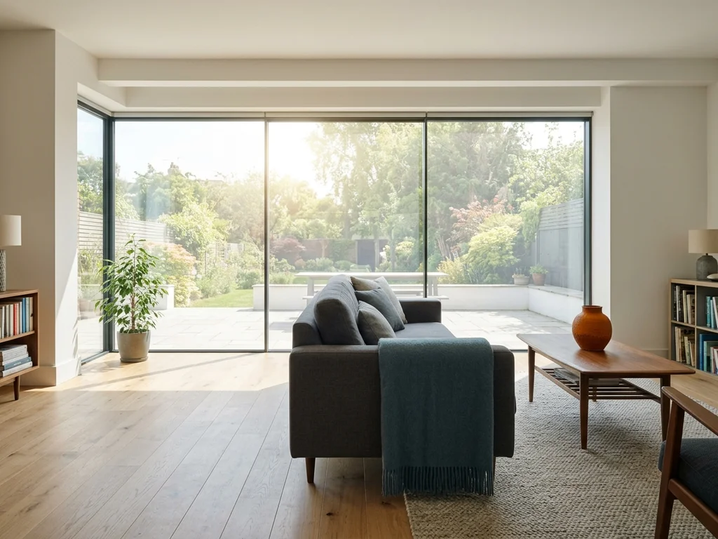 Salon moderne protégé par un film solaire réduisant l'éblouissement tout en préservant la luminosité.
