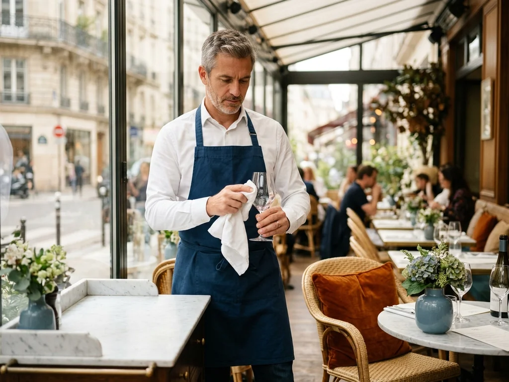Serveur dans une véranda de restaurant parisien lumineuse avec vitrage protégé du soleil.