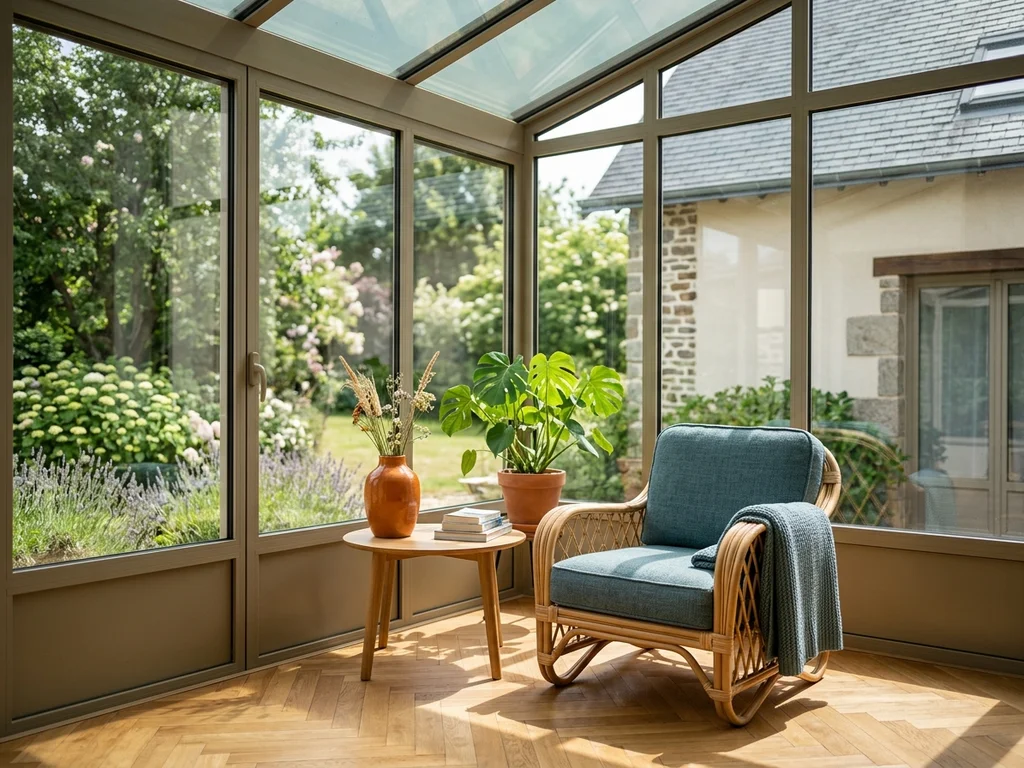 Véranda lumineuse protégée par un film solaire pour un confort thermique optimal en Île-de-France.